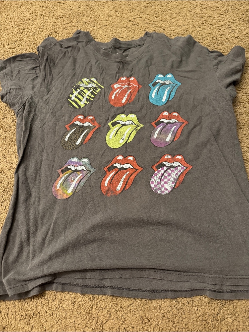 the Rolling Stones Black Short Sleeve Tee with Multicolor Tongue Grid